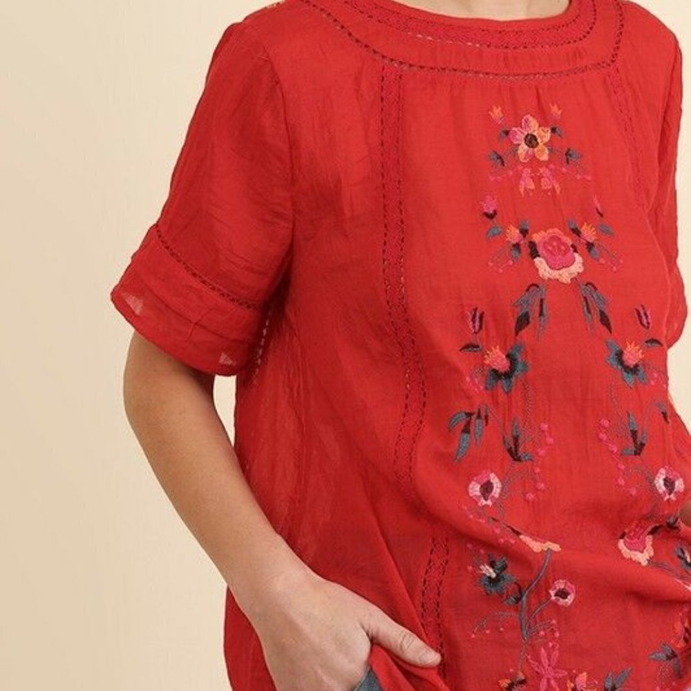 Umgee Floral Embroidered Short Sleeve Peasant Top - Picture 9 of 9